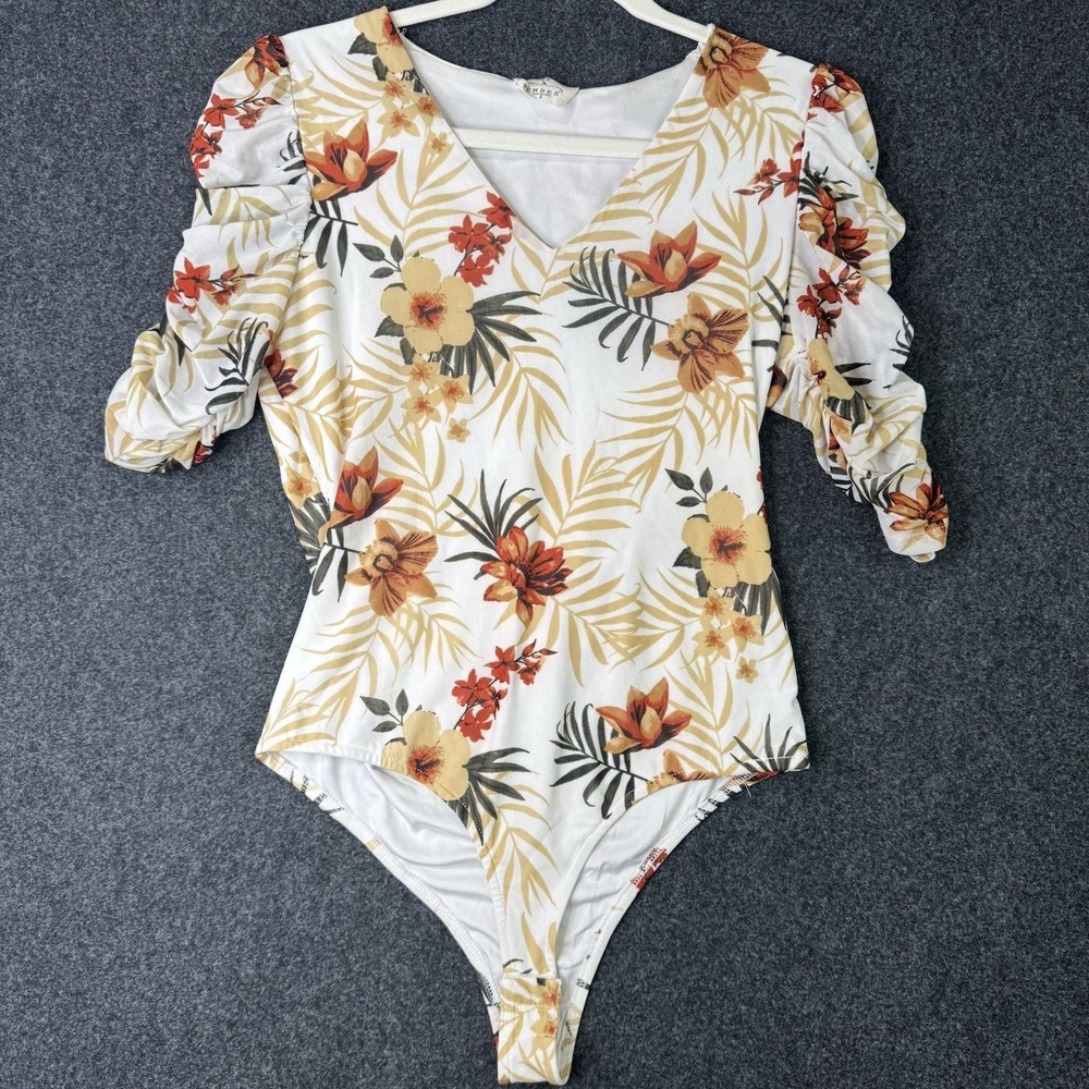 Ember Women's Small Tropical Floral Bodysuit Ruched Puff Sleeve V Neck Boho